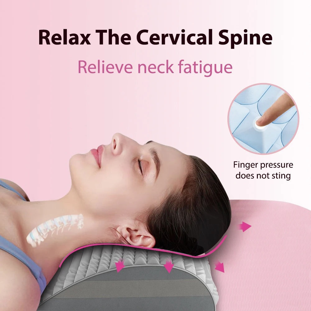 Fitlybuy ergonomic blue cervical neck stretcher massager, showing a person relaxing to relieve neck fatigue.