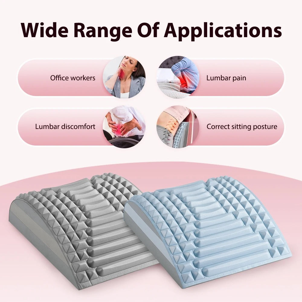 Fitlybuy grey and blue arched back stretchers with acupressure nodes for lumbar support, shown in various use scenarios.