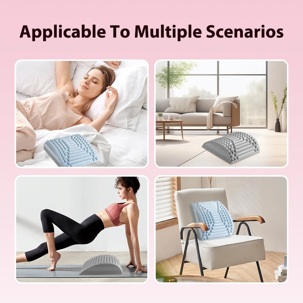 Fitlybuy blue ergonomic back stretcher massager used on beds, chairs, and during exercise to relieve lumbar pain.