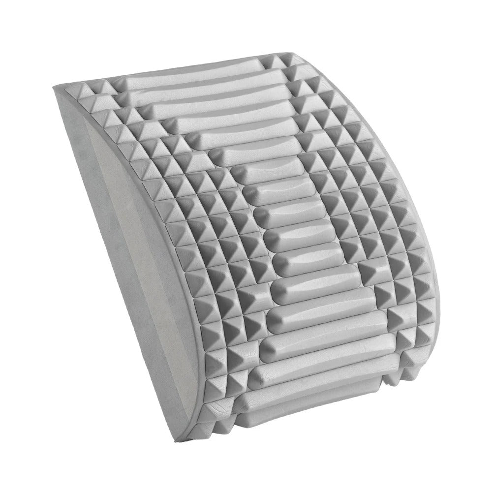 Gray arched back stretcher massager with ergonomic lumbar support, featuring textured pyramid and bar massage nodes.