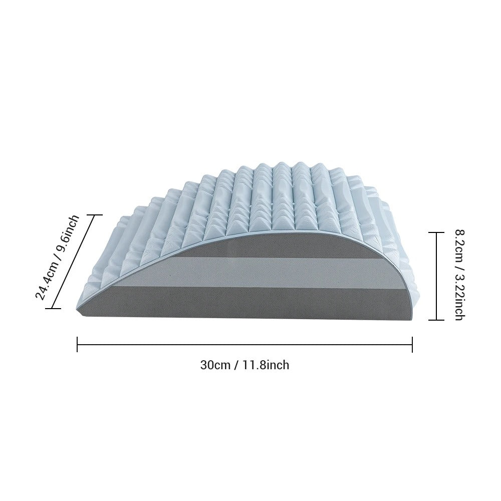 Fitlybuy arched blue foam back stretcher with massage nodes, showing dimensions of 30cm length and 8.2cm height.
