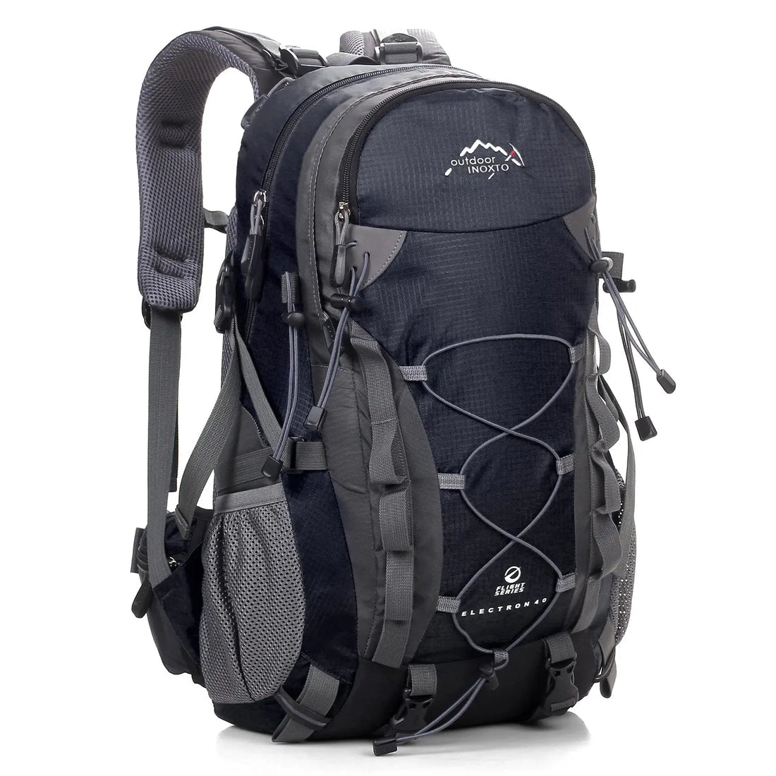 Fitlybuy Pro trekking backpack in navy and grey with bungee storage, side mesh pockets, and padded suspension straps.