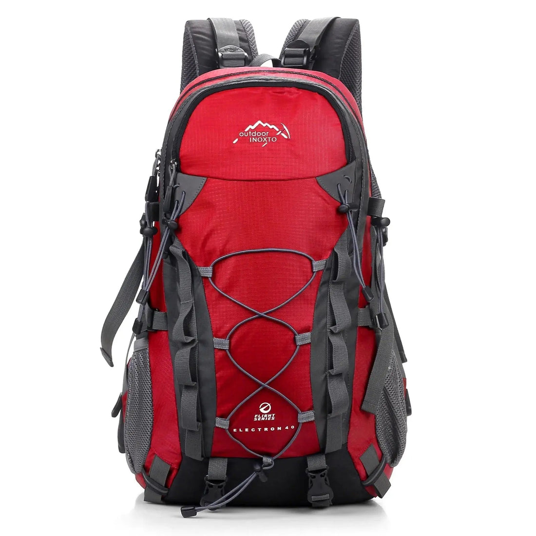 Red Fitlybuy outdoor trekking backpack with grey accents, bungee cords, and hanging gear loops on a white background.