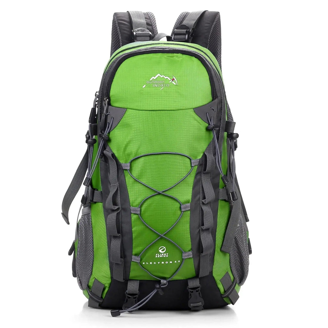 Green and grey Fitlybuy trekking backpack with external gear loops, shock cords, and suspension system on white.