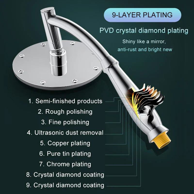 Fitlybuy RainZen shower head featuring a shiny, chrome-plated finish and detailed 9-layer PVD diamond coating diagram.