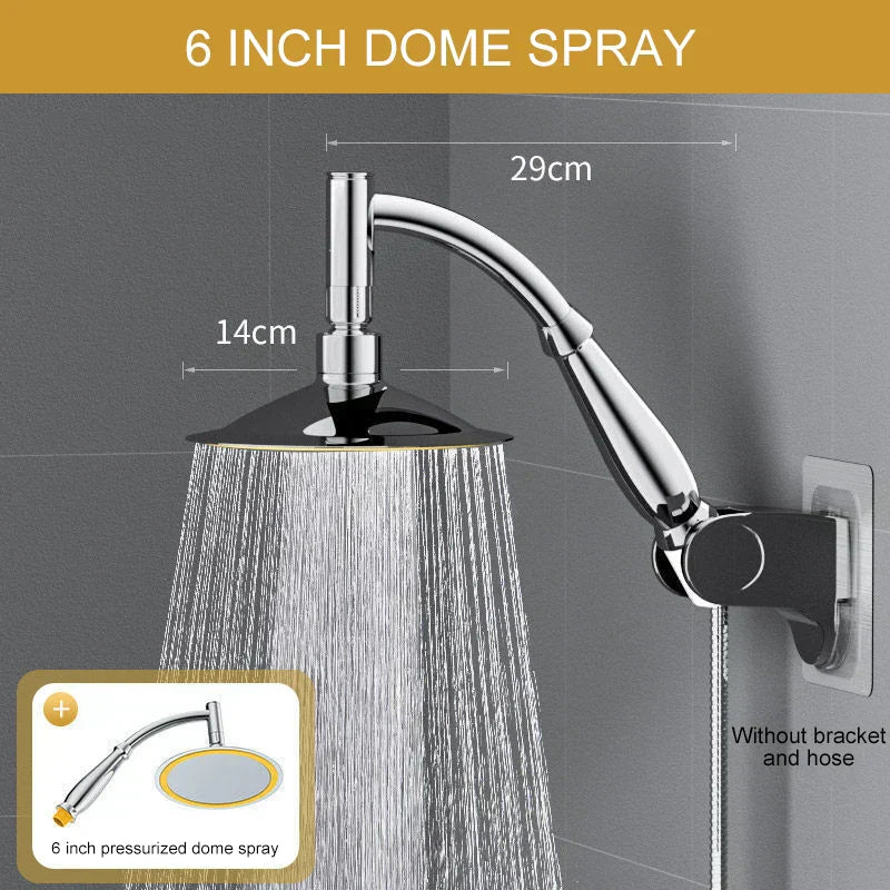 Chrome Fitlybuy RainZen water-saving shower head spraying water, with 6-inch dome head and dimension diagrams.
