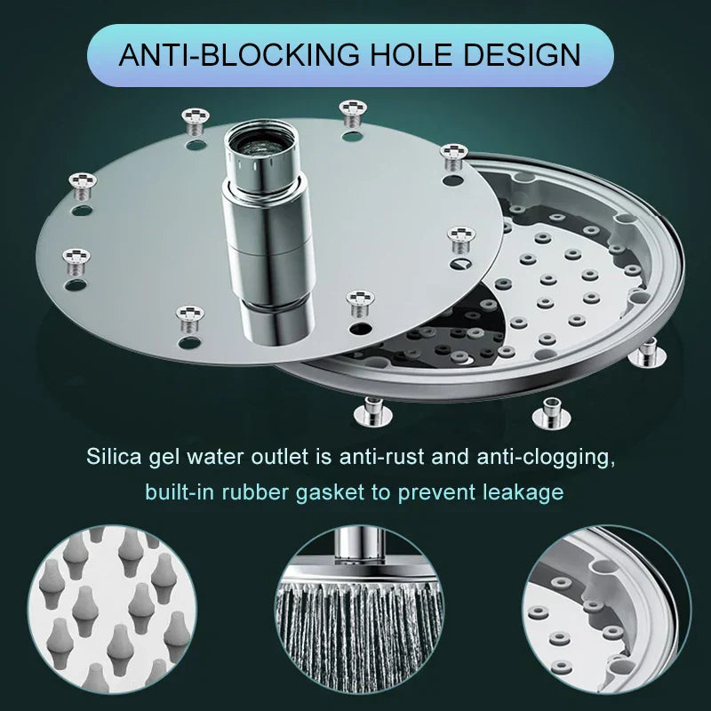 Fitlybuy RainZen shower head: chrome finish, anti-clog silica nozzles, and leakage-proof design with exploded view.
