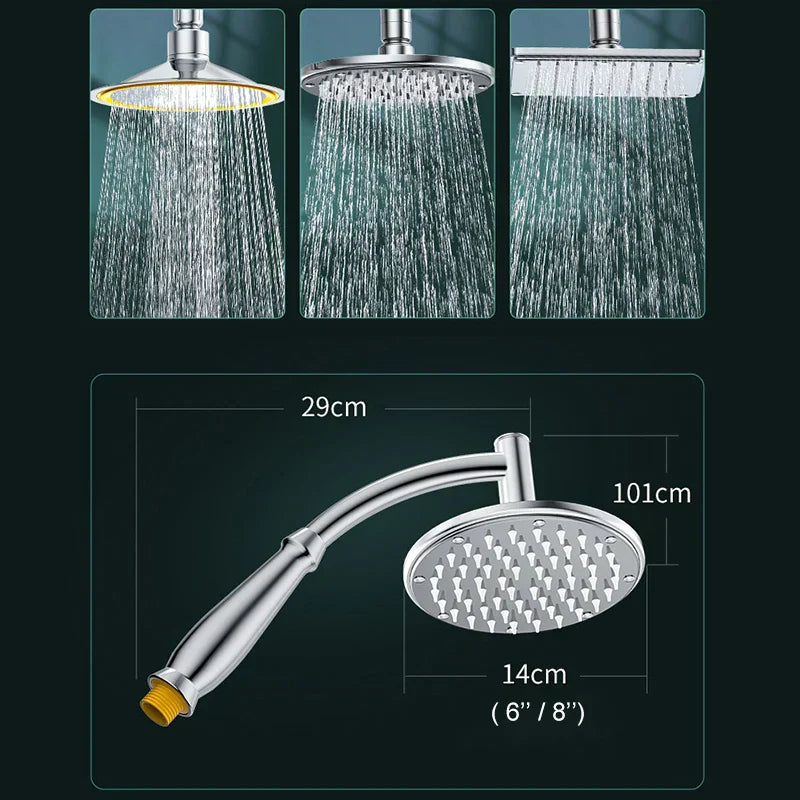 Fitlybuy RainZen chrome shower head showing water flow patterns and dimensions in centimeters and inches.