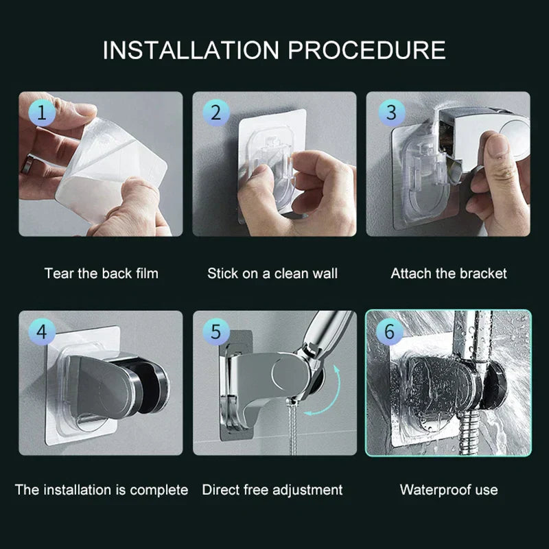 Six-step installation guide for the silver Fitlybuy RainZen shower head bracket with adhesive wall-mount backing.