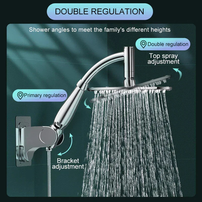 Chrome Fitlybuy RainZen shower head with dual-angle adjustment, spraying water against a dark teal background.