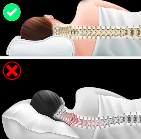 Fitlybuy Dream Align memory foam pillow showing correct spinal alignment vs. poor posture with a standard pillow.