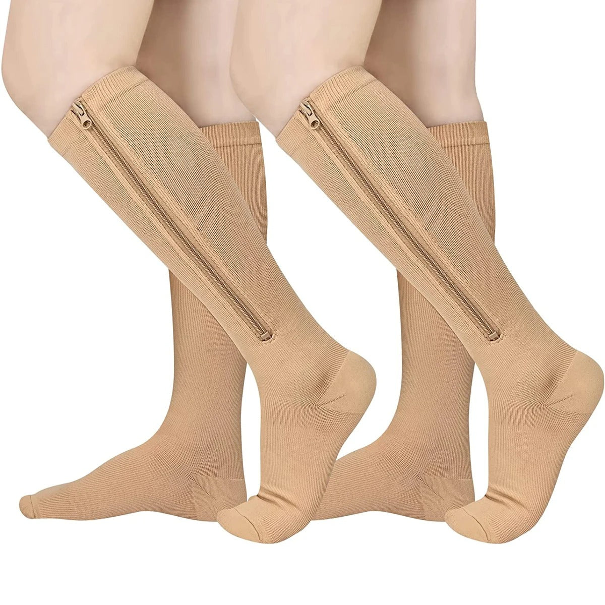 Beige Fitlybuy medical compression socks with a side zipper, worn on legs to provide support and ease of use.