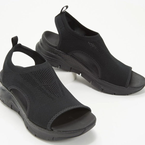 Fitlybuy black orthopedic women’s knit sandals featuring an open-toe design, slingback strap, and cushioned sole.