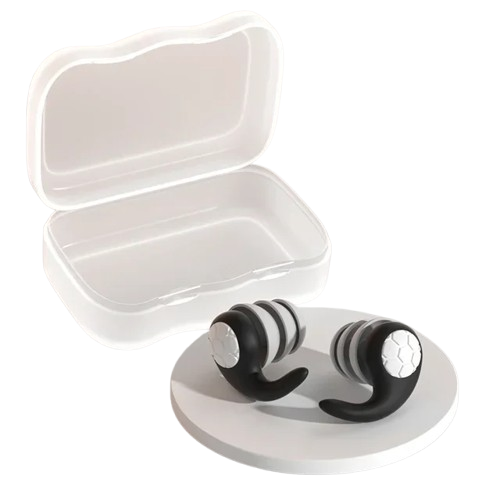 Fitlybuy black noise-cancelling sleep earplugs with comfort foam on a display stand and an open white travel case.