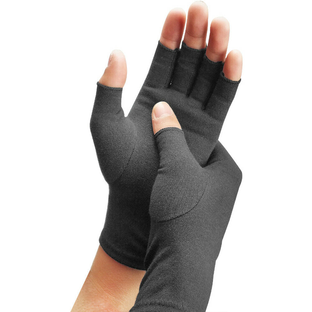 Fitlybuy fingerless compression therapeutic heat gloves in dark gray, worn on hands to provide warmth and support.