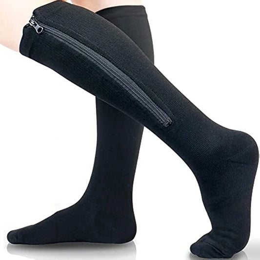 Black Fitlybuy compression socks on legs, featuring an easy-access side zipper for support and medical comfort.