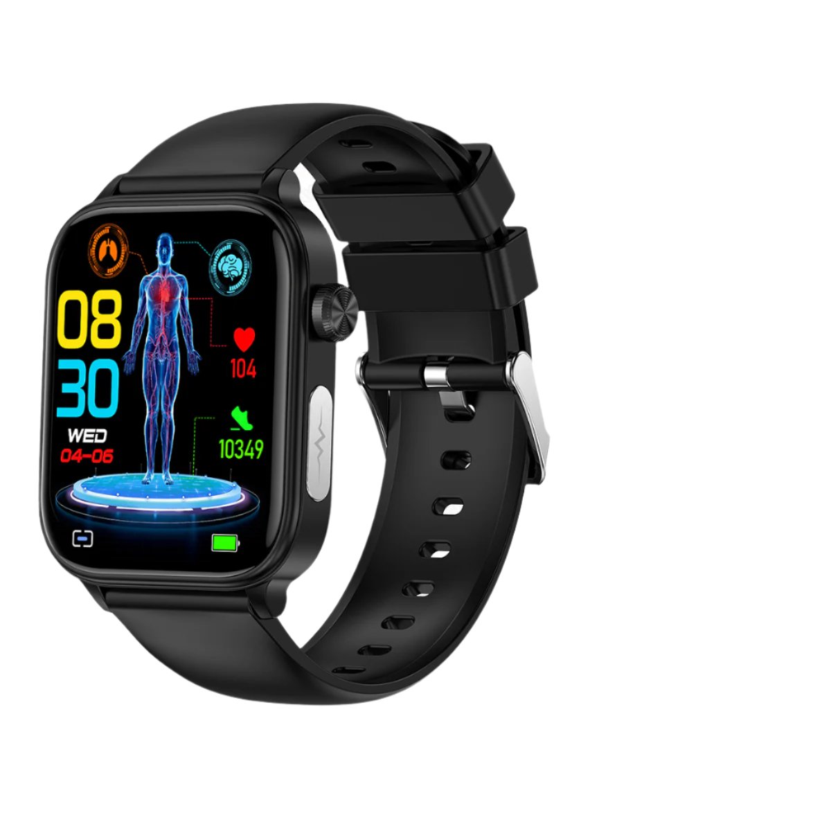 Fitlybuy black fitness smartwatch with health monitoring screen showing human anatomy, heart rate, and step count data.