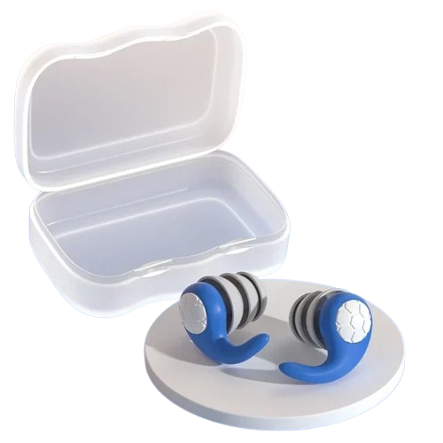Fitlybuy blue and grey foam noise-canceling sleep earplugs with a white travel case on a display stand.