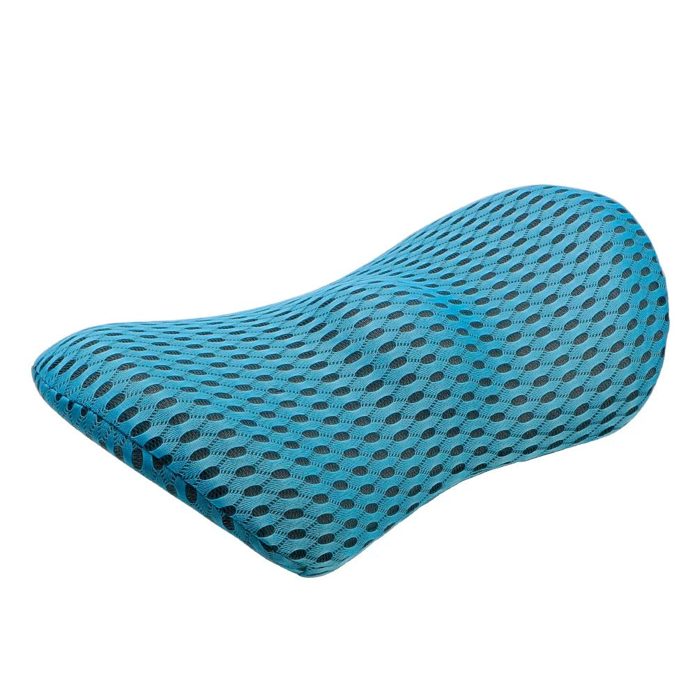 Fitlybuy blue memory foam lumbar pillow with a breathable, textured mesh cover for ergonomic lower back support.