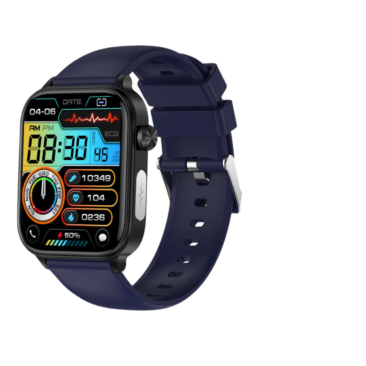 Fitlybuy navy blue smartwatch with fitness tracking, ECG, heart rate display, and digital screen on a white background.