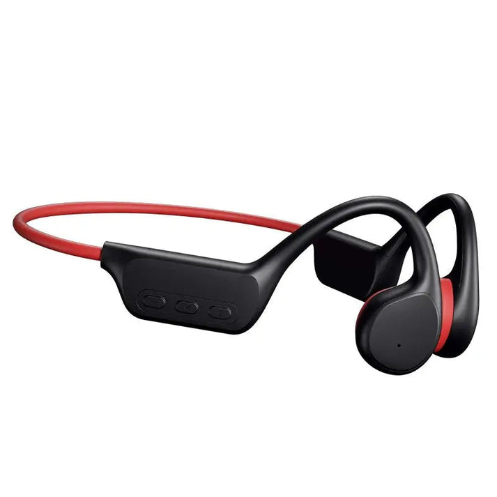 Fitlybuy black and red wireless bone conduction headphones for running and cycling, featuring a wrap-around neckband.
