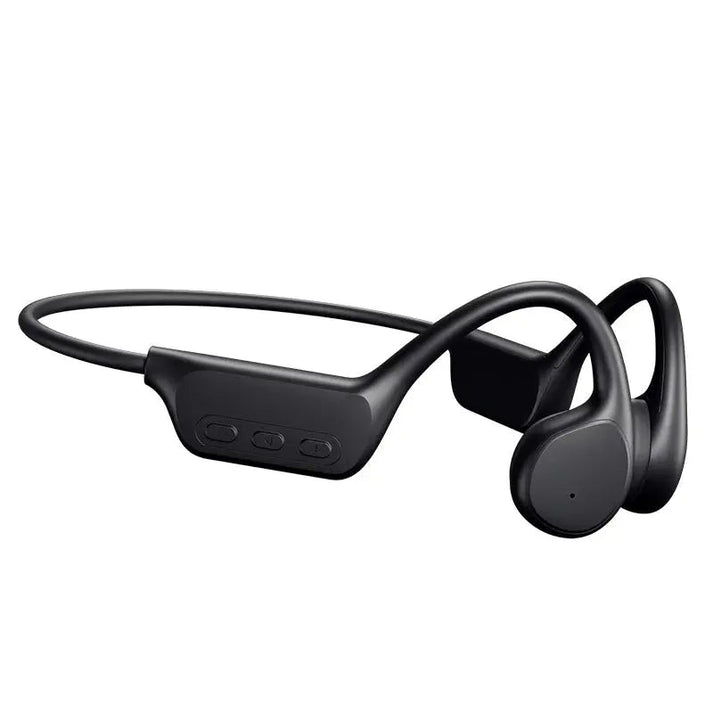 Black Fitlybuy bone conduction headphones with a flexible wraparound band, control buttons, and open-ear design.
