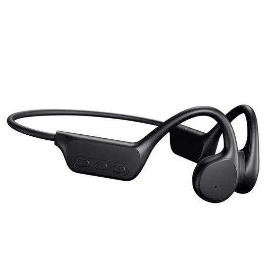 Black Fitlybuy bone conduction headphones with a flexible wraparound band, control buttons, and open-ear design.