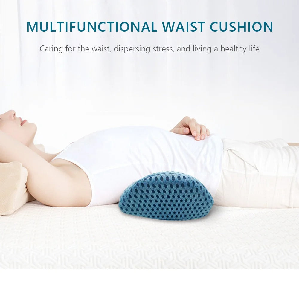 Blue Fitlybuy memory foam waist pillow with breathable mesh, supporting a person lying on a bed for lumbar comfort.