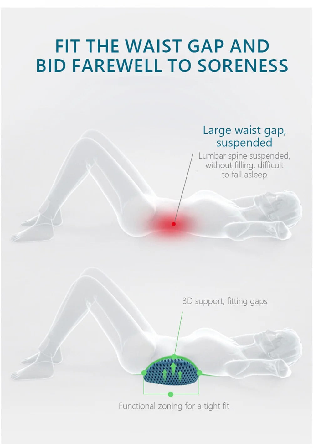 Fitlybuy blue memory foam lumbar pillow provides 3D adaptive support to fill the waist gap and relieve back soreness.