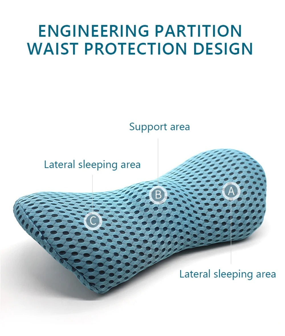Blue Fitlybuy memory foam waist pillow with labeled lateral sleeping and support zones for ergonomic lumbar comfort.