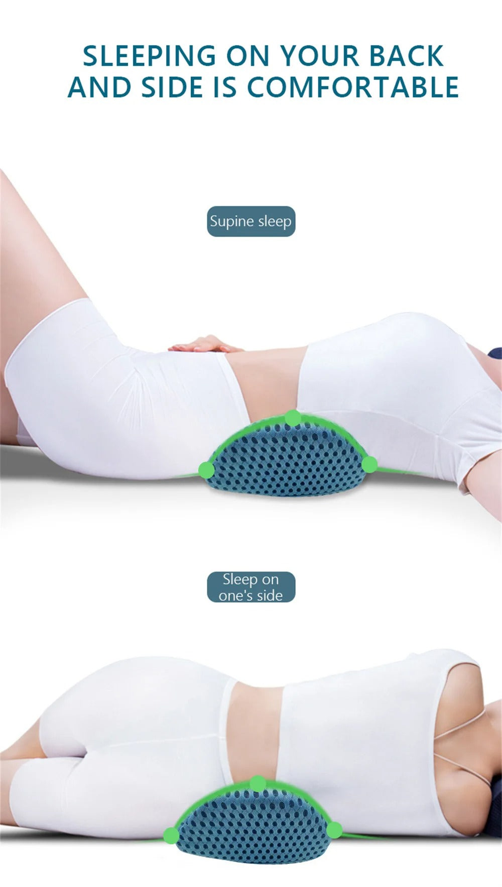 Blue Fitlybuy memory foam waist pillow supporting the lower back for side and supine sleepers.