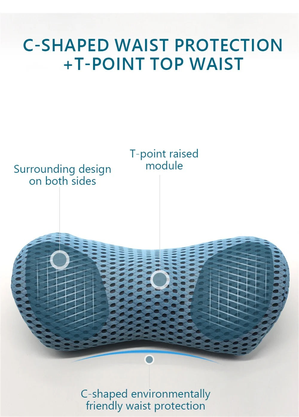 Fitlybuy blue breathable memory foam lumbar pillow with C-shaped design and T-point support module for waist relief.