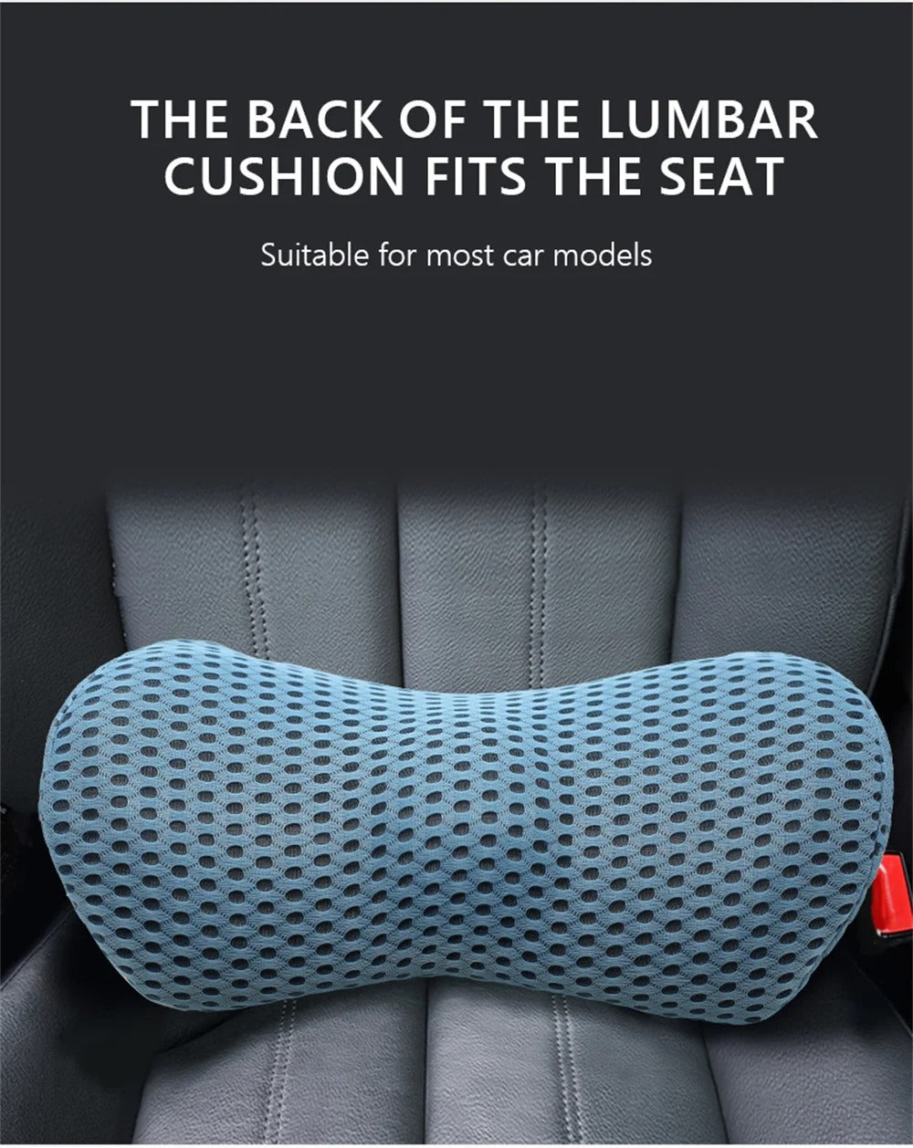 Blue, breathable mesh memory foam lumbar cushion for car seats, designed for ergonomic support in most vehicles.
