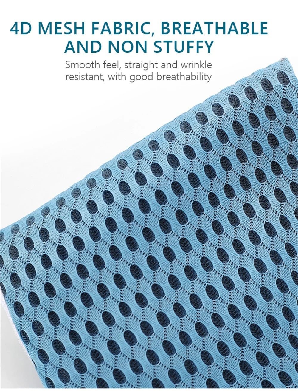 Close-up of blue 4D mesh fabric on a Fitlybuy memory foam waist pillow, highlighting its breathable, textured surface.