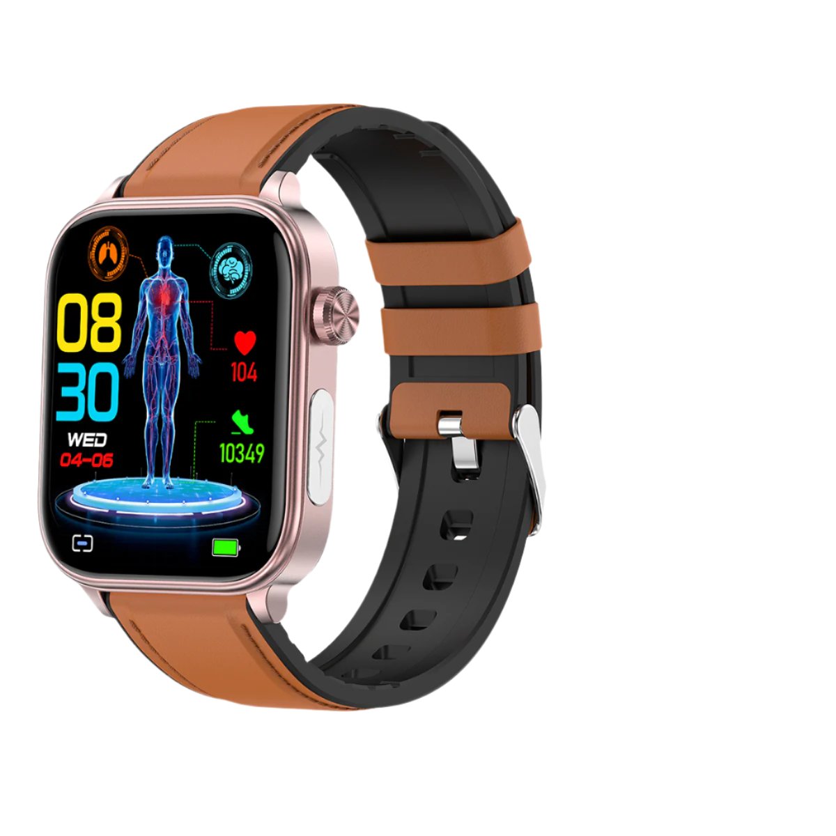 Fitlybuy smartwatch with rose gold case, two-tone tan/black strap, and digital health monitoring display on white.