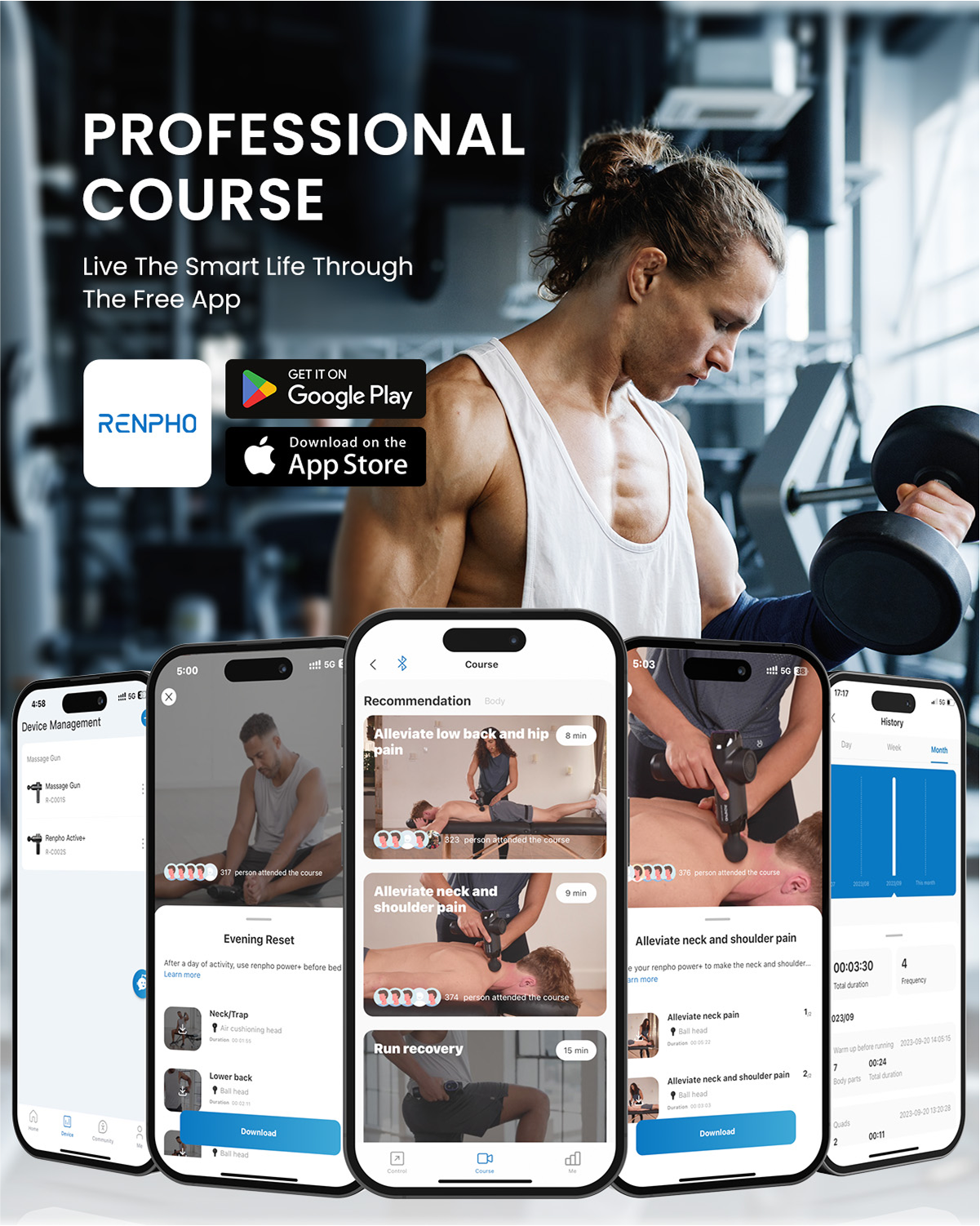 Fitlybuy massage gun app showing recovery courses for muscle pain, with workout tracking features on multiple phones.