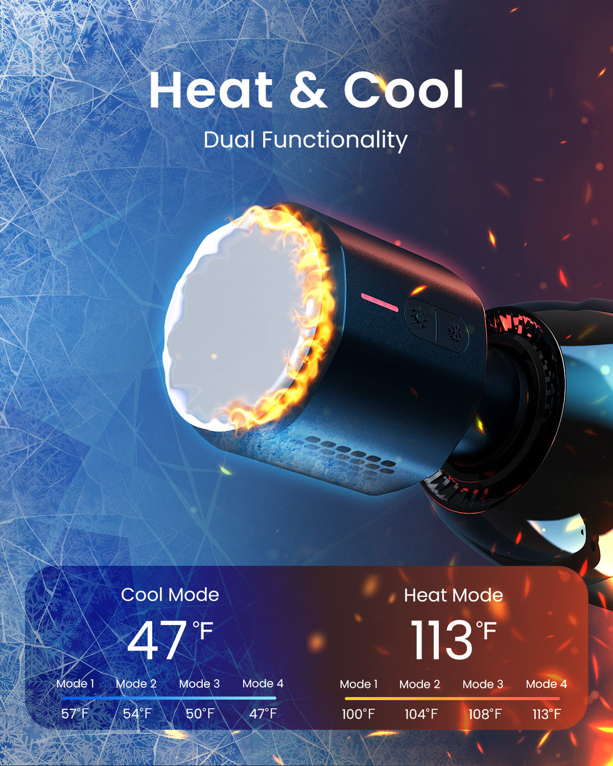 Fitlybuy Power Massage Gun with dual heat and cool modes, showing temperature settings on a vibrant, stylized background.