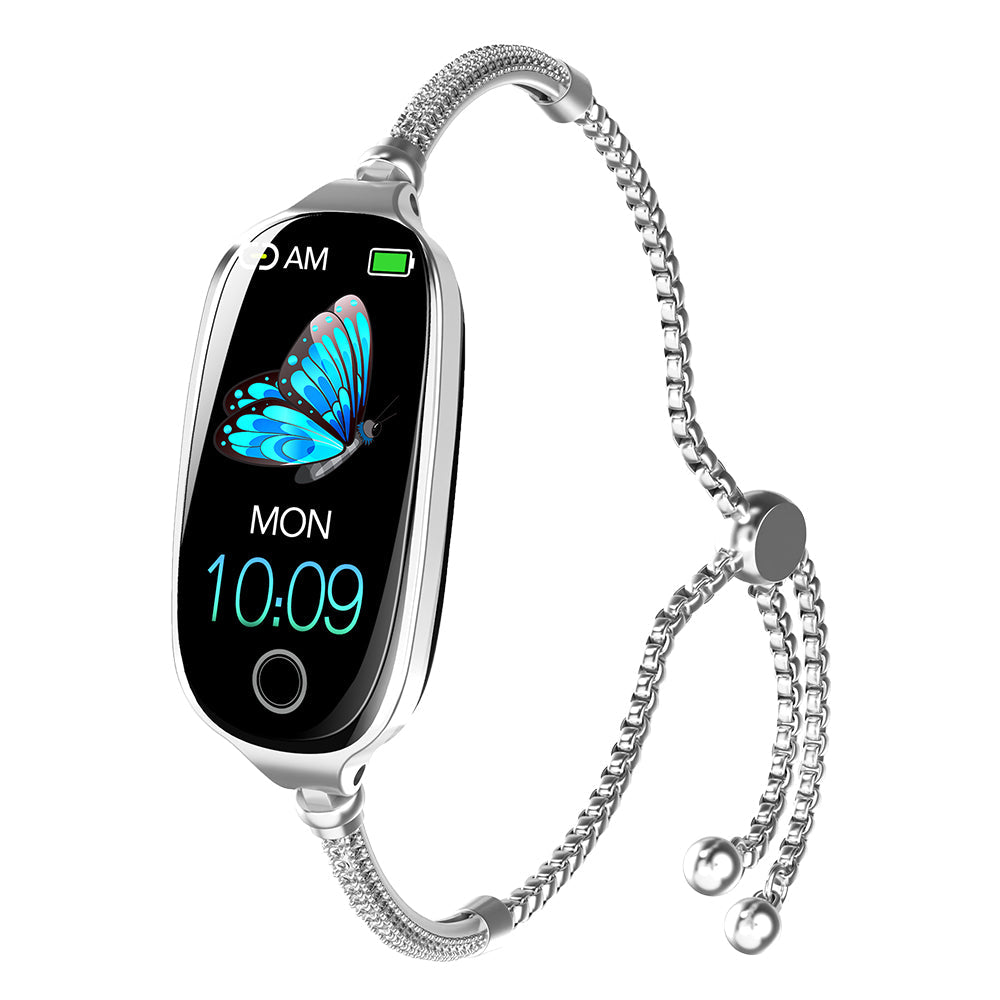 Fitlybuy Kexi-Life diamond-design silver smartwatch with a butterfly screen display and adjustable chain bracelet.