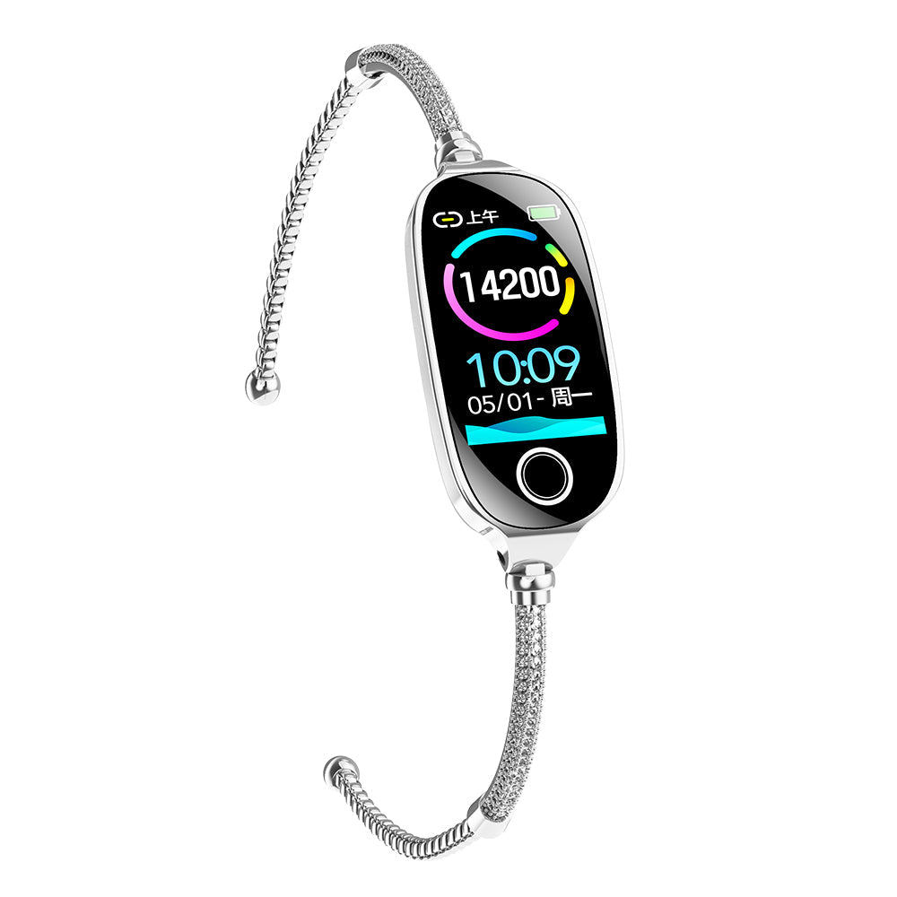 Silver Fitlybuy diamond-design luxury health smartwatch with an oval display showing time, date, and step count.