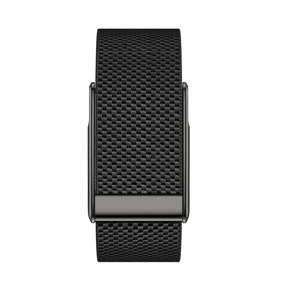Fitlybuy Kexi-Life smart health monitor with a black textured strap and metallic casing, seen from the top view.