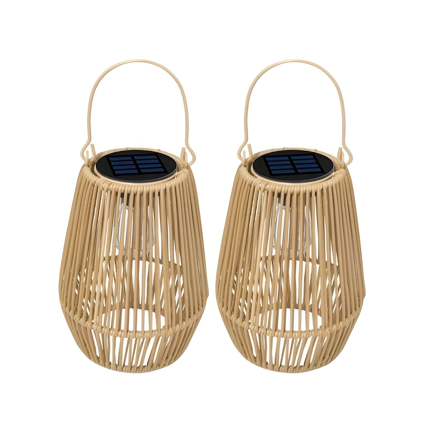 Two tan rattan bamboo solar garden lanterns with top solar panels and metal handles against a white background.