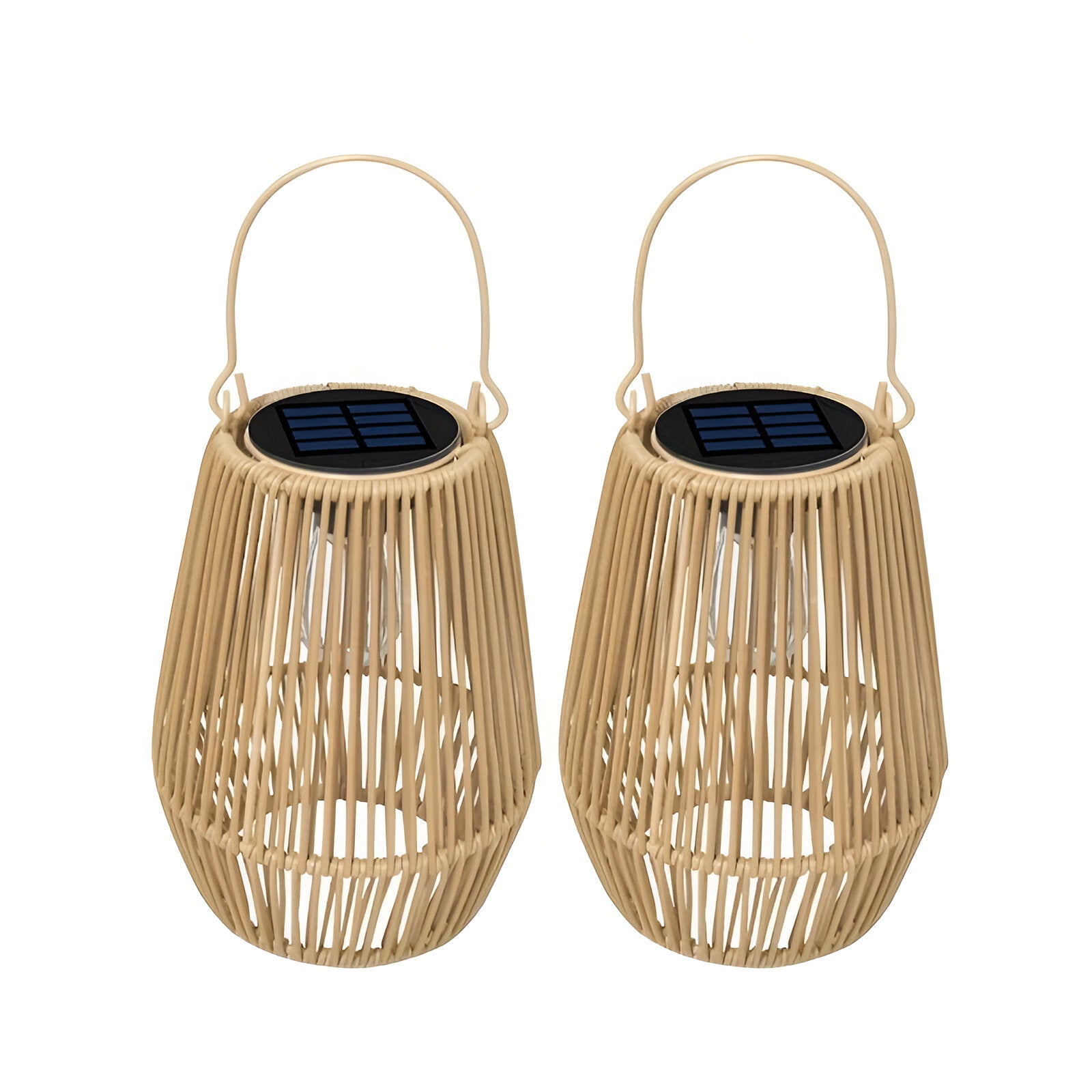 Two tan rattan bamboo solar garden lanterns with top solar panels and metal handles against a white background.