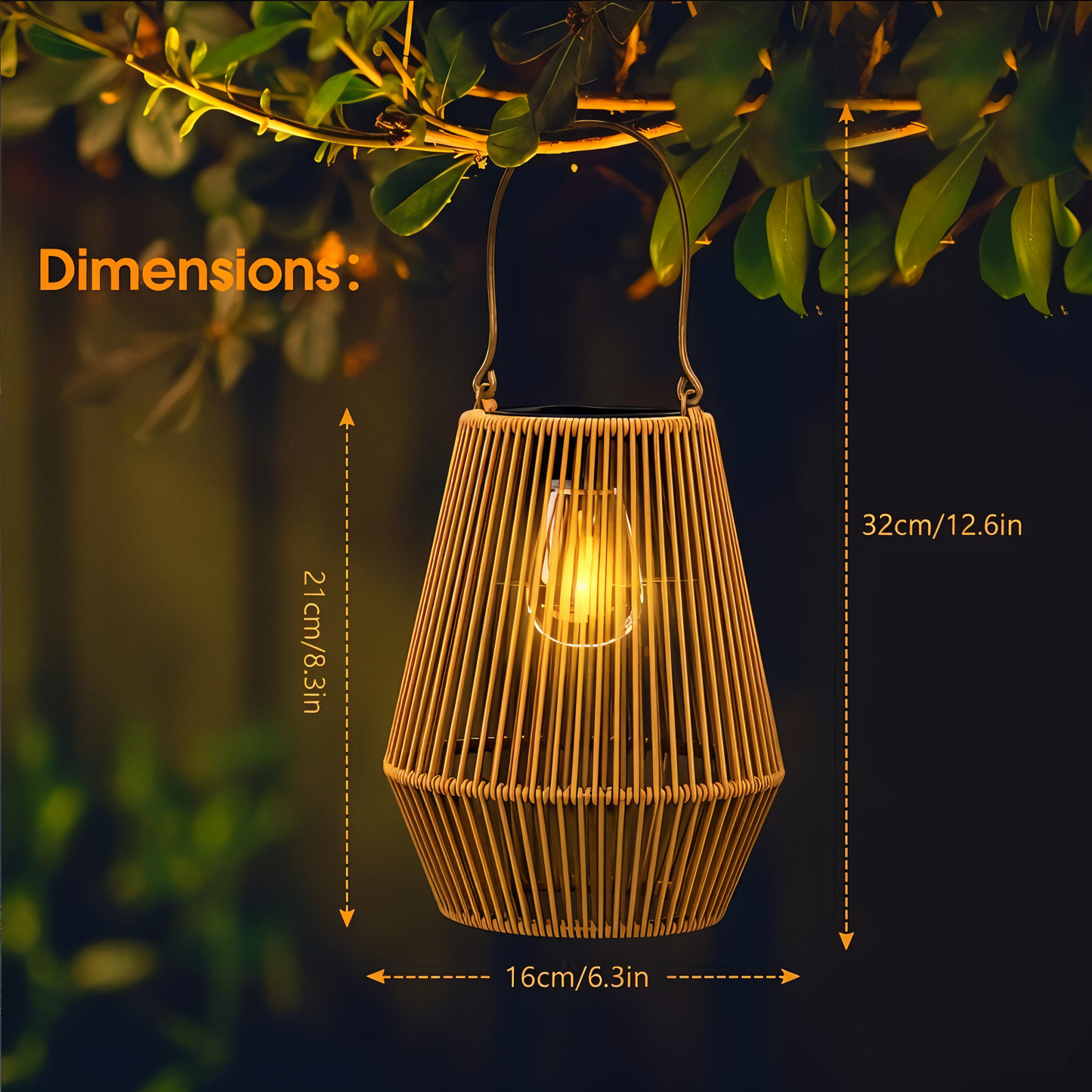 Fitlybuy bamboo solar garden lantern hanging from a tree, glowing with warm light and labeled with product dimensions.