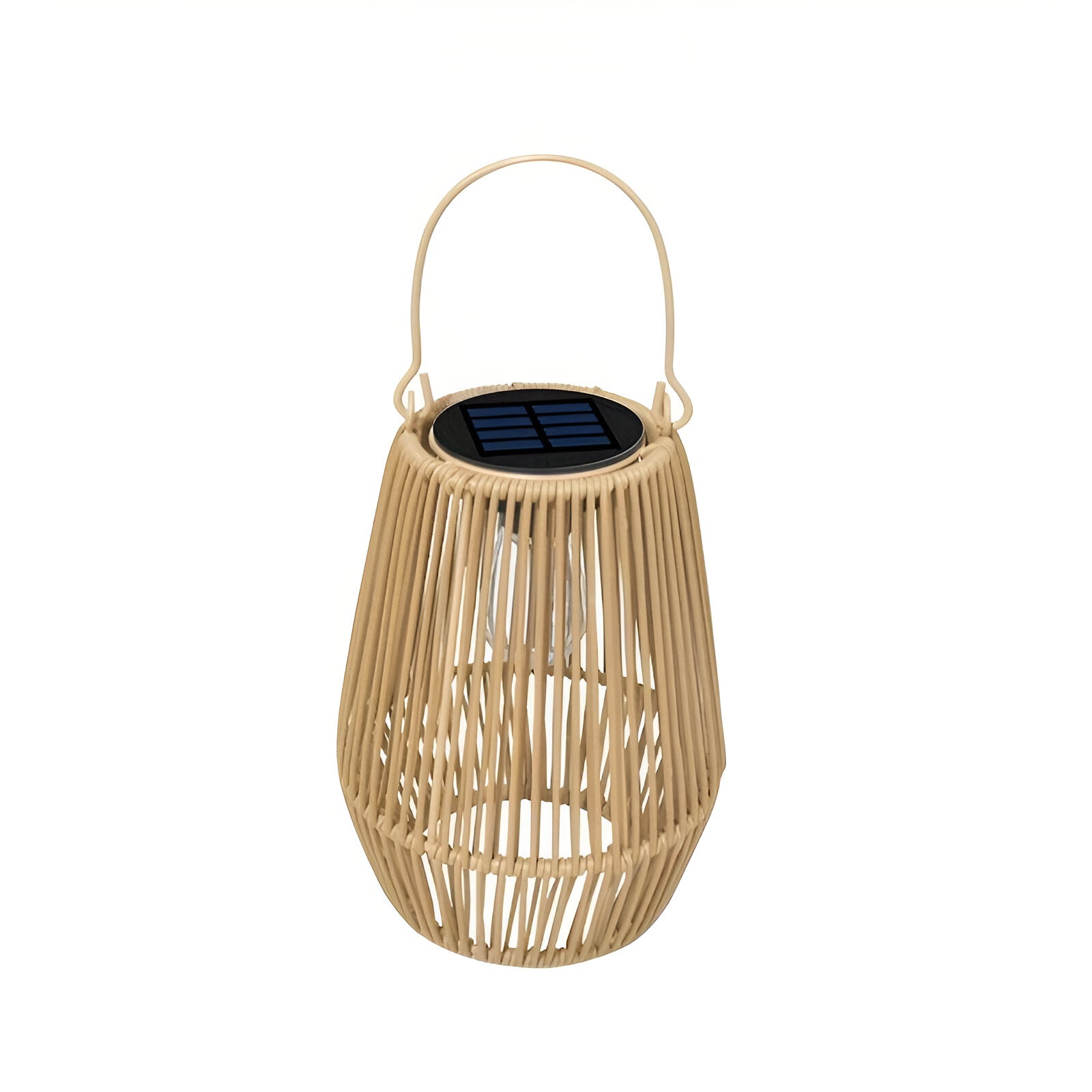 Tan rattan garden lantern with a top solar panel, metal handle, and open-cage design against a white background.