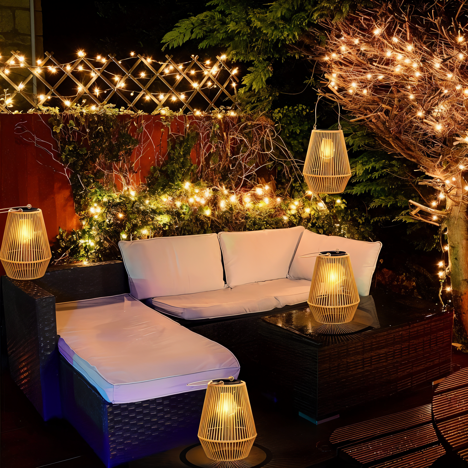 Fitlybuy bamboo cage solar lanterns glowing on a patio at night with a wicker sofa and ambient fairy lights.