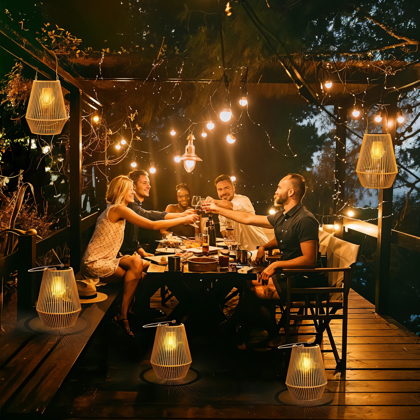 Fitlybuy rattan bamboo solar lanterns glowing warmly at an outdoor dinner party with friends on a wooden patio deck.