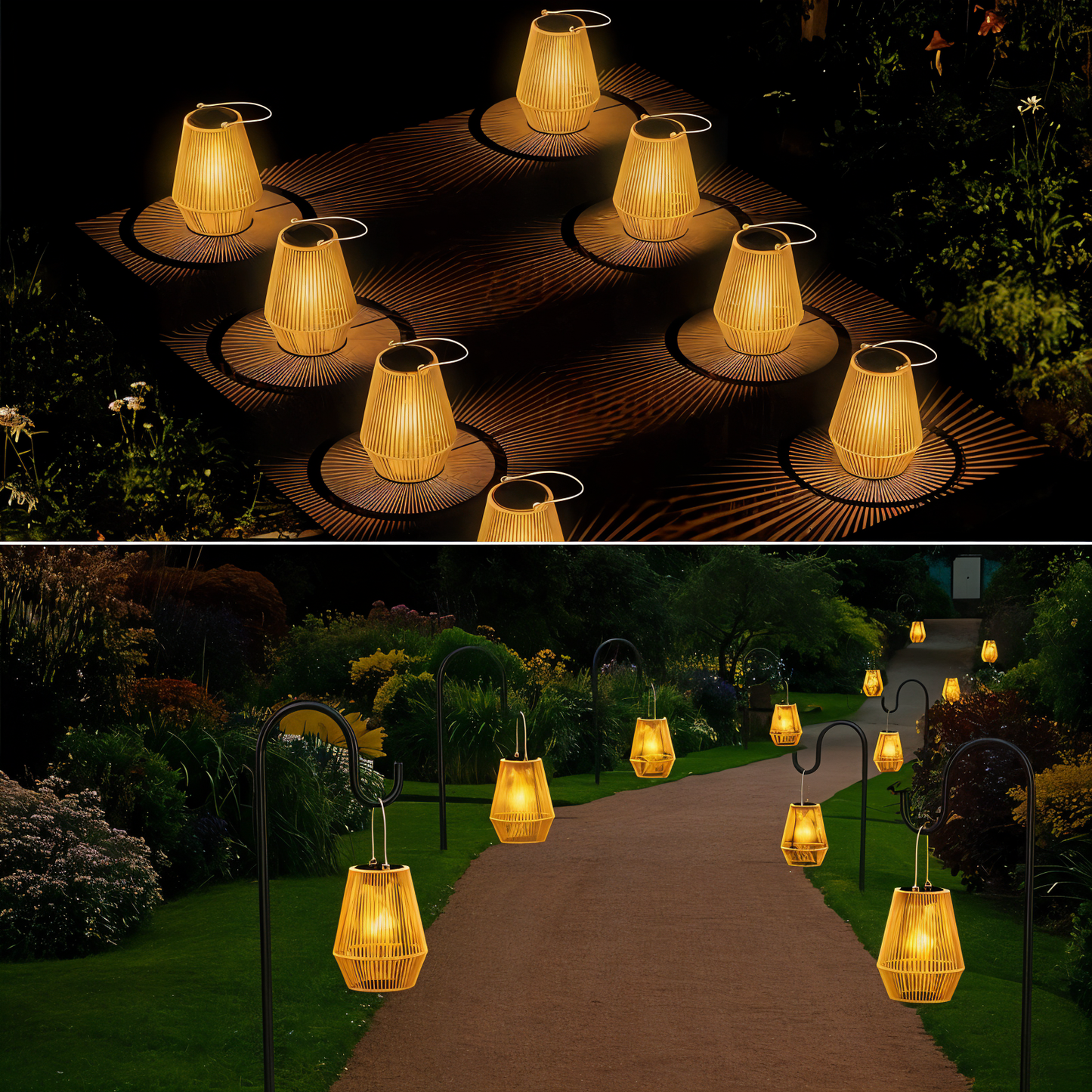Fitlybuy rattan bamboo solar garden lights with warm glow, hanging from hooks along a path and casting sunburst patterns.
