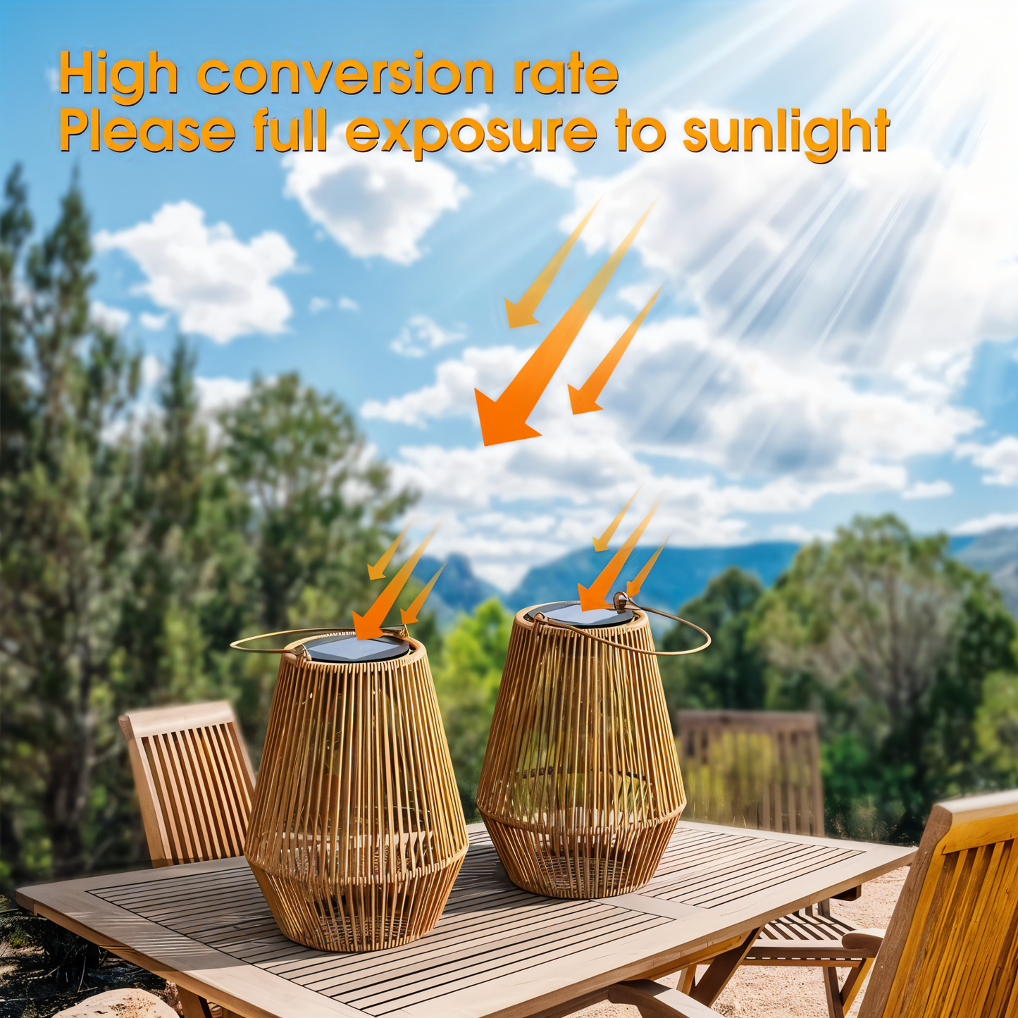 Two Fitlybuy cage rattan bamboo solar lanterns on a wooden table, showing solar charging in bright sunlight.