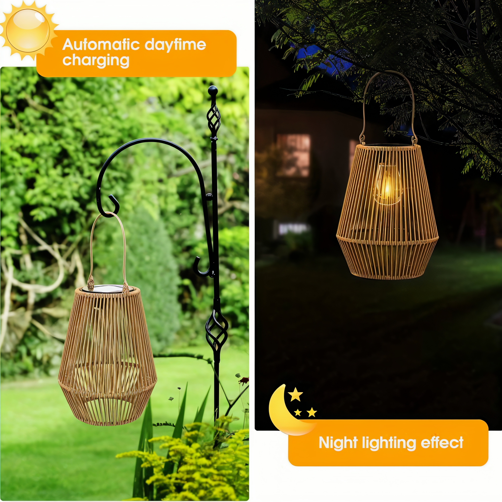 Fitlybuy rattan bamboo solar garden lantern featuring EcoBright charging, shown hanging in daytime and at night.