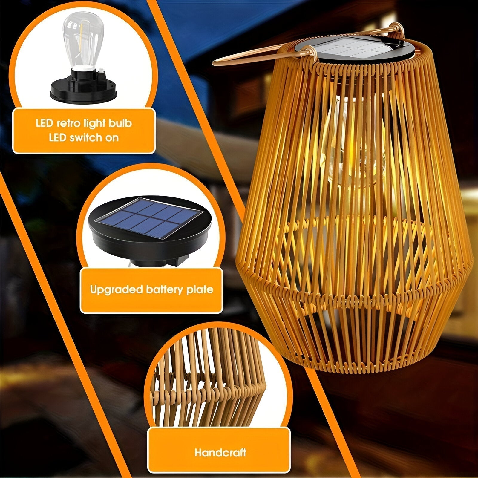 Fitlybuy rattan bamboo solar garden light with LED bulb, solar panel, and hanging handle in a warm, textured design.